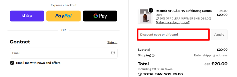 Checkout page where you can apply your promo code