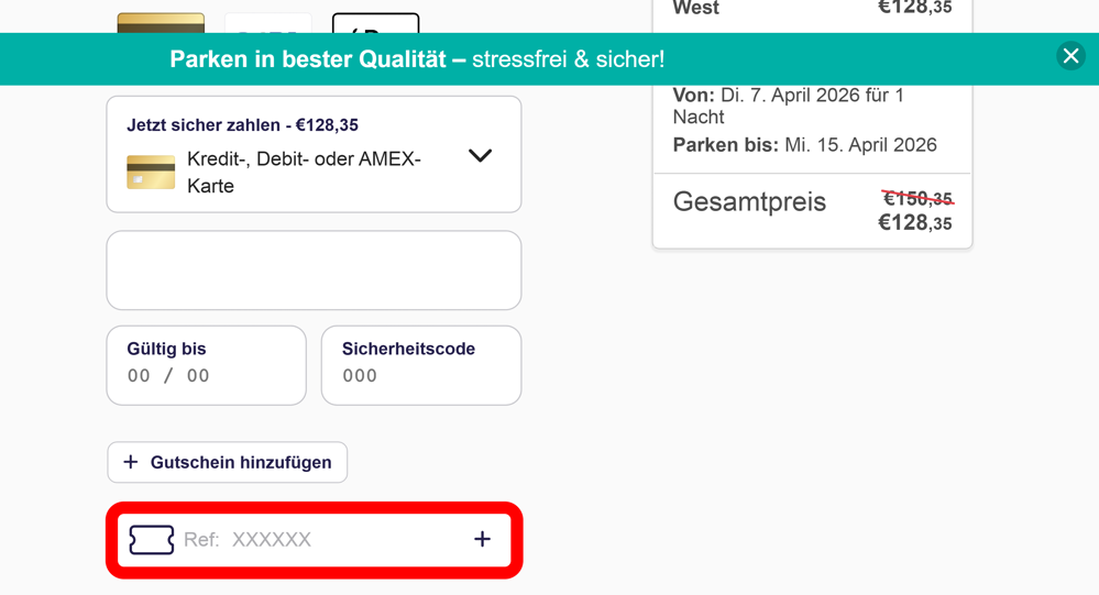 Buchungsprozess von Airparks mit rotmarkiertem Eingabefeld