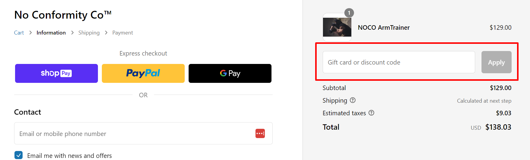 How do I use my No Conformity Co disocunt code?