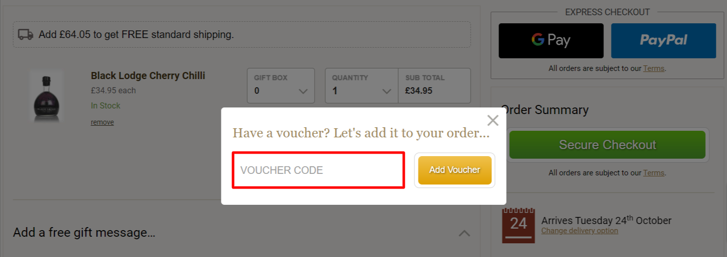 The brand checkout page with where to add the Master of Malt discount code is highlighted with a red box