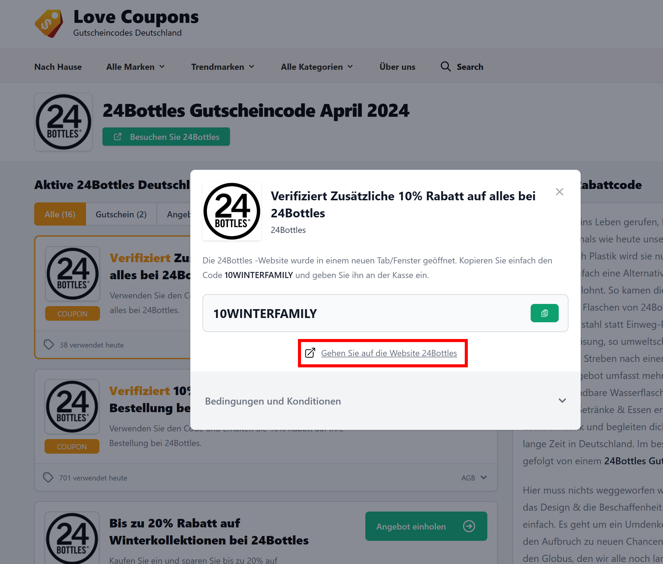 Die Love Coupons Seite mit einem offenen Rabattcode und rotmarkiertem Link für 24Bottles
