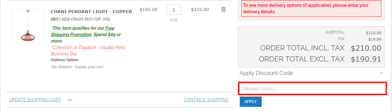 The brand checkout page with where to add the Mica Lighting discount code highlighted with a red box
