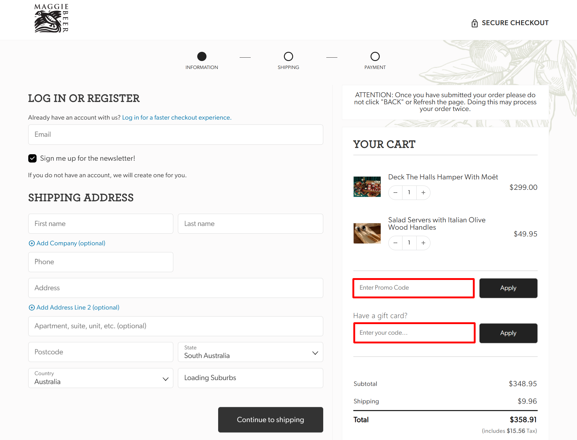The highlighted red box at the brand checkout page is showing where to add the Maggie Beer discount code.