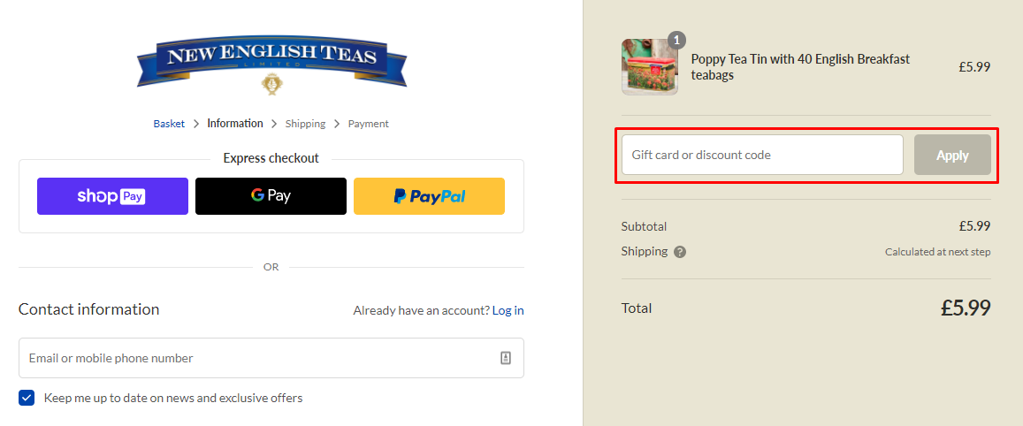 How do I use my New English Teas discount code?