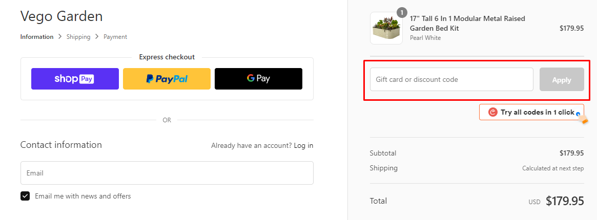 How do I use my Vego Garden discount code?