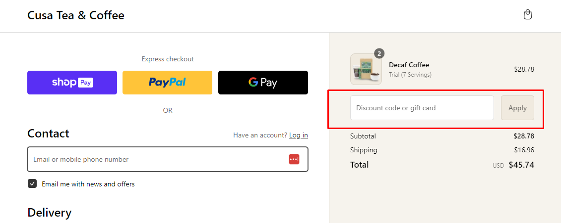 How do I use my Cusa Tea & Coffee discount code?