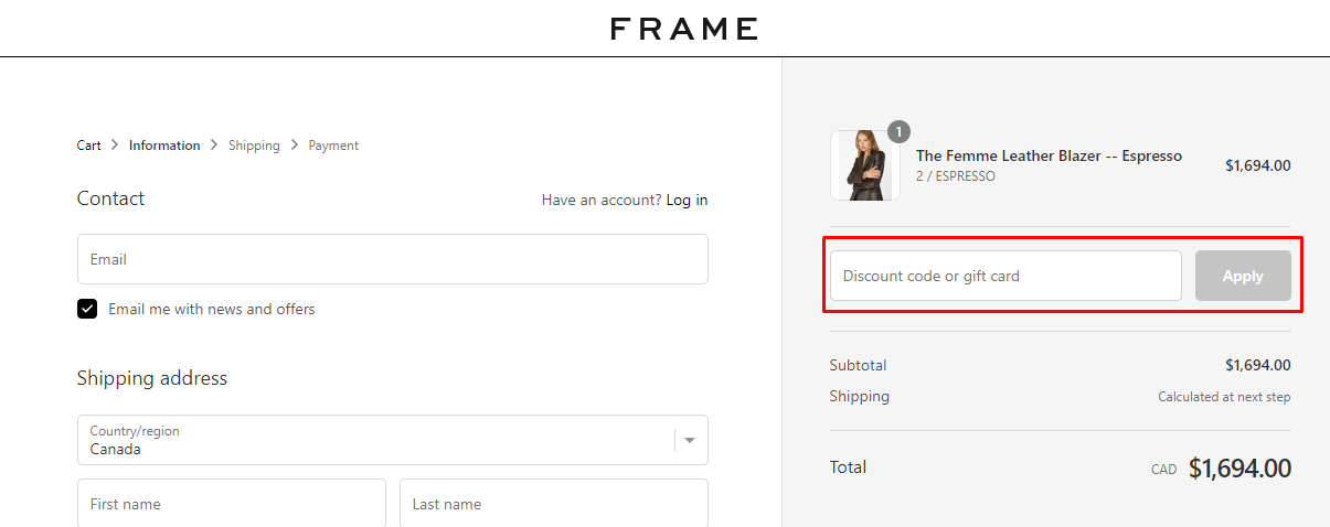 How do I use my FRAME discount code?