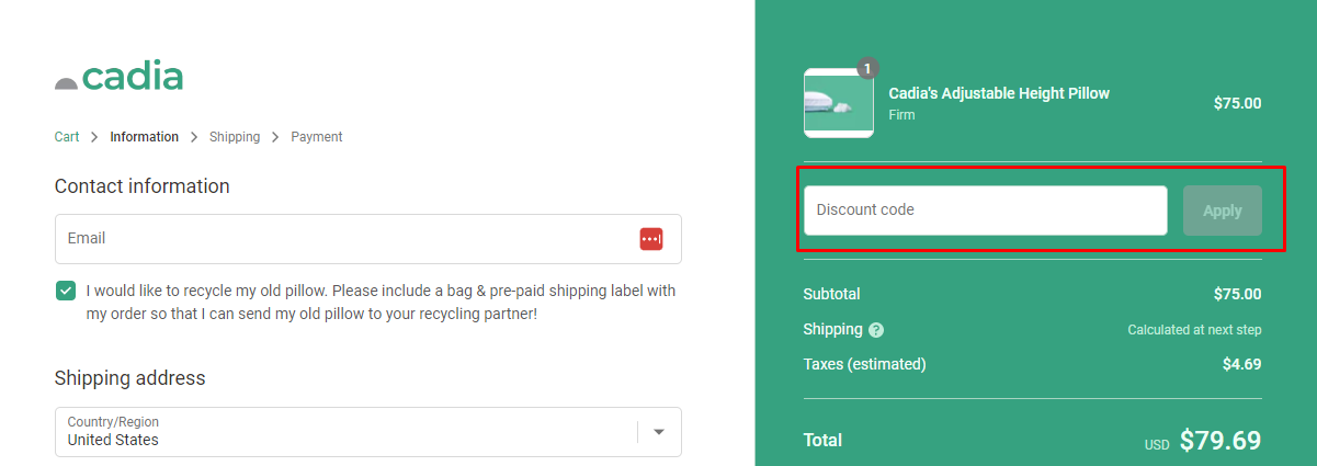 How do I use my Cadia pillow discount code?