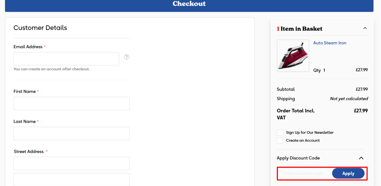 The brand checkout page with where to add the Russell Hobbs discount code is highlighted with a red box