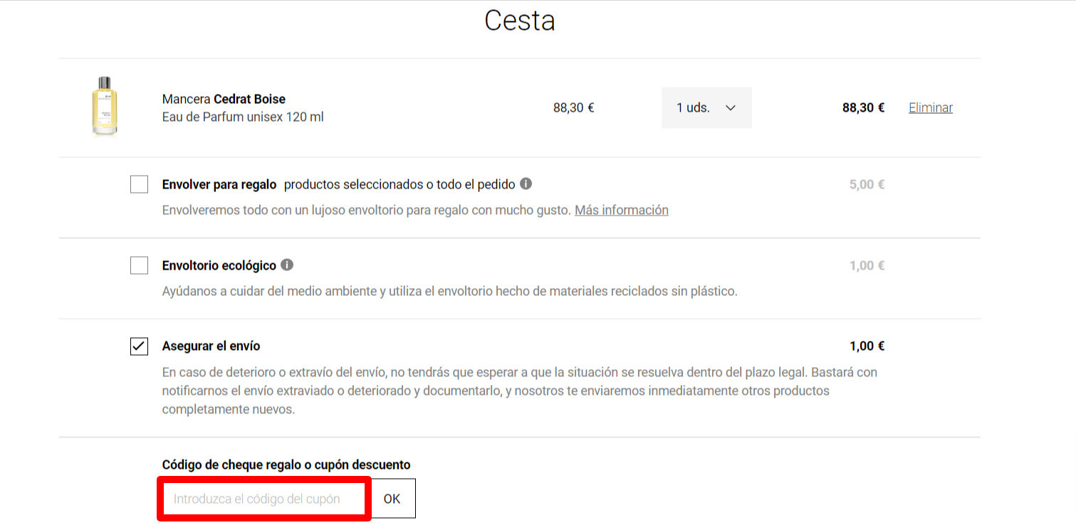 notino seccion checkout cuadro rojo