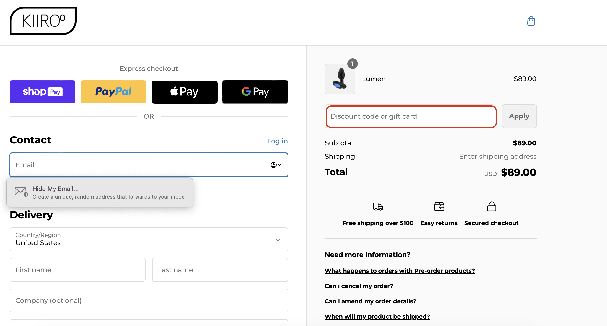 The highlighted red box at the brand checkout page is showing where to add the Kiiroo discount code.