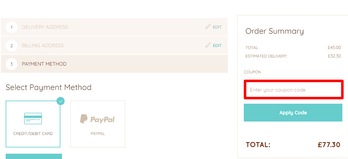 The brand checkout page with where to add the Lily O'Brien's discount code highlighted with a red box