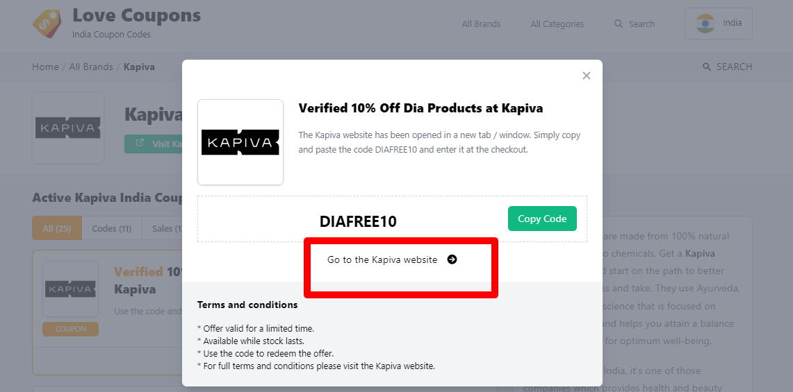 Box displayed on a darkened background of a Kapiva discount code with the terms and conditions showing