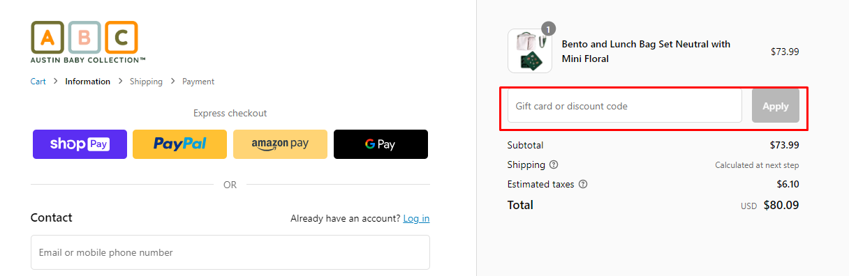 How do I use my Austin Baby Collection discount code?