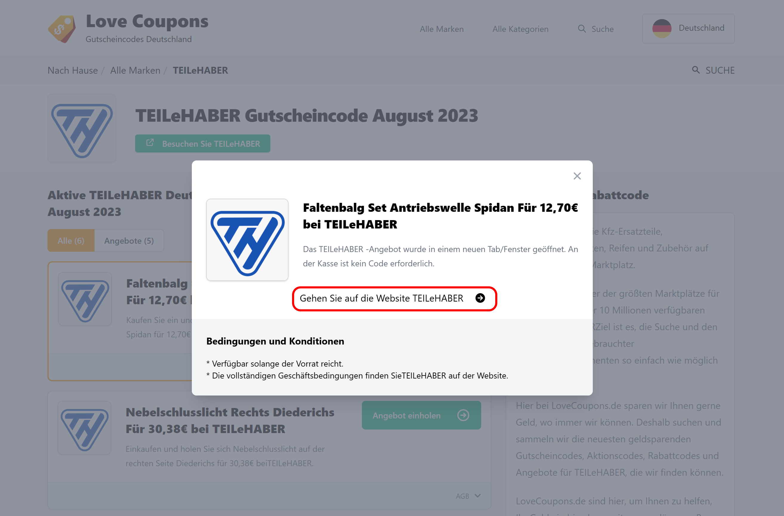Die Lovecoupons Seite mit einem offenen Tab, welches ein Angebot für  TEILeHABER enthält