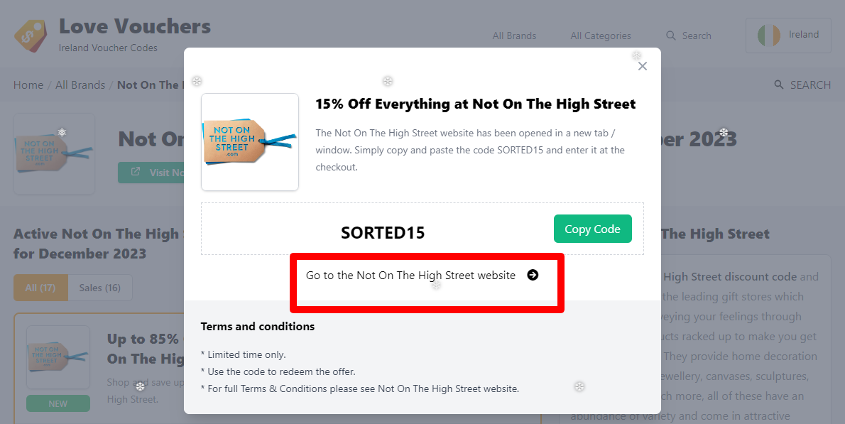 Box displayed on a darkened background of a Not On The High Street discount code with the terms and conditions showing