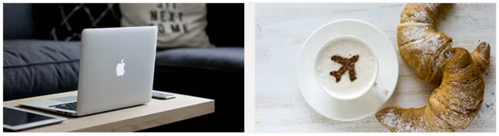 Ein Apple-Laptop neben einer vollen Kaffeetasse mit zwei Croissants
