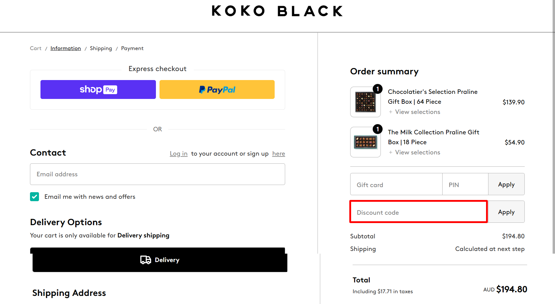 The highlighted red box at the brand checkout page is showing where to add the Koko Black discount code.