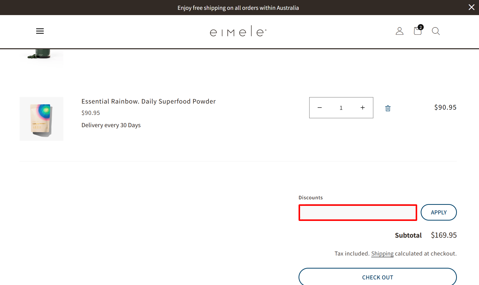 The brand checkout page with where to add the Eimele discount code highlighted with a red box