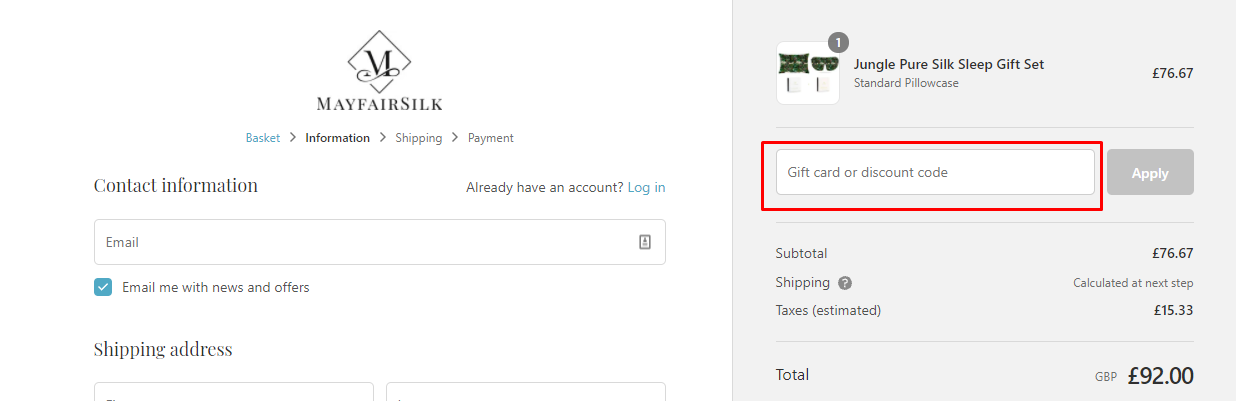 How do I use my MAYFAIRSILK discount code?