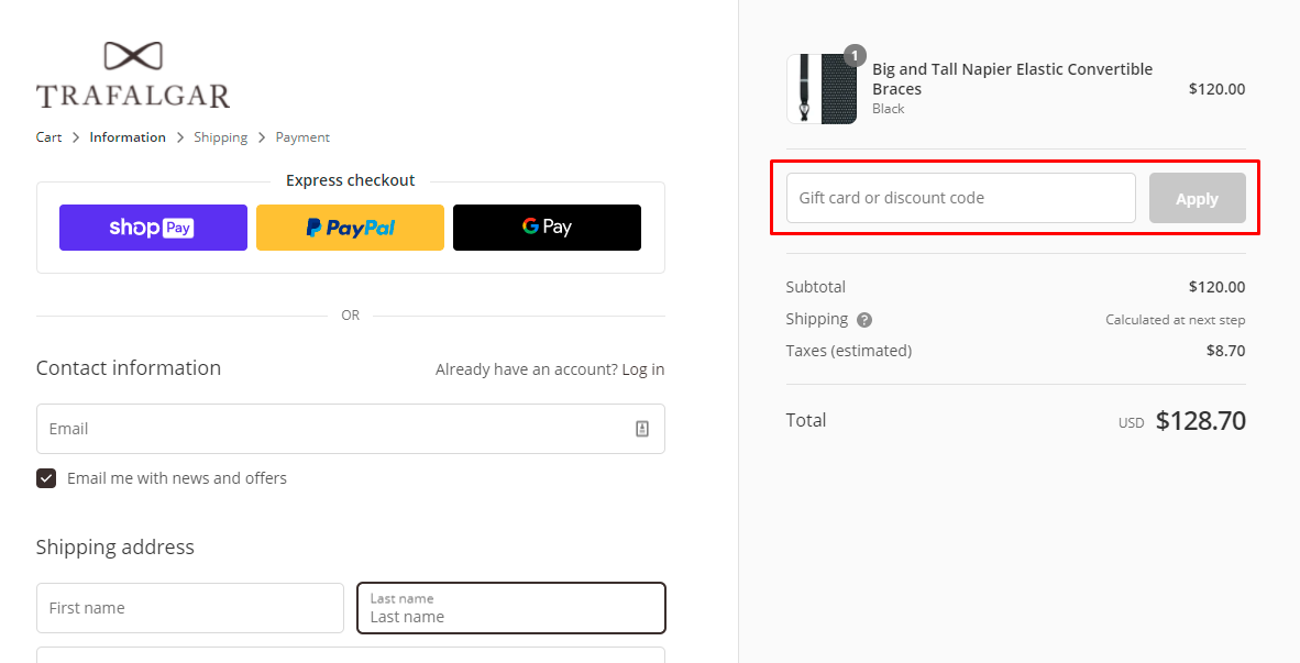 How do I use my Trafalgar Store discount code?