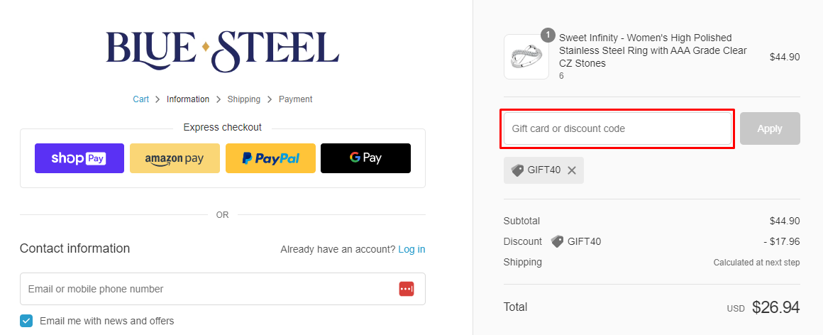 How do I use my Blue Steel discount code?