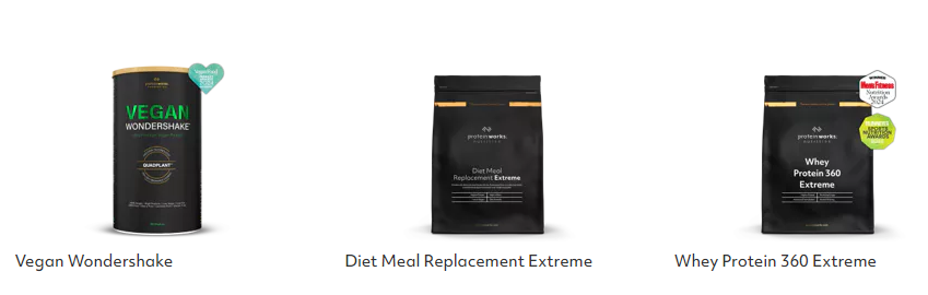 A collage showing a vegan, diet meal replacement and whey protein supplements