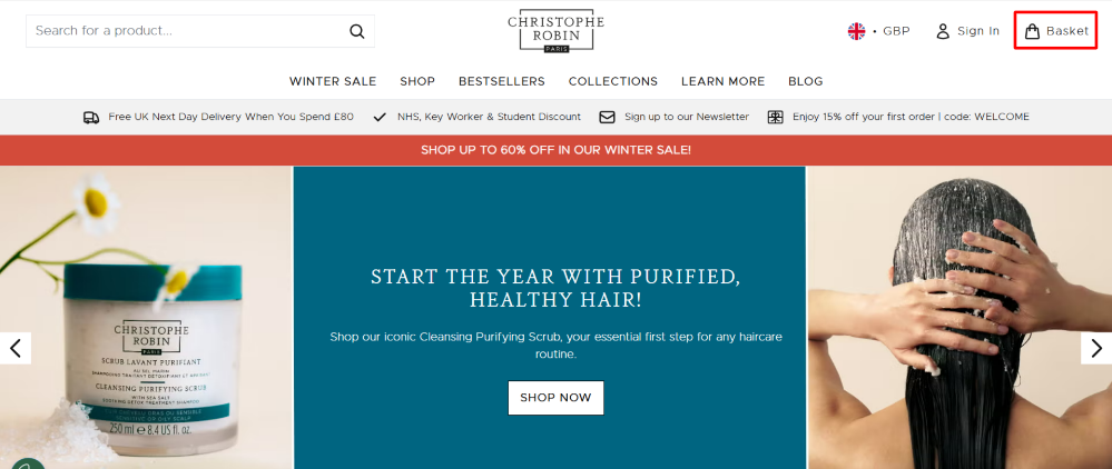 The Christophe Robin shopping page and the shopping categories and the shopping basket highlighted in red