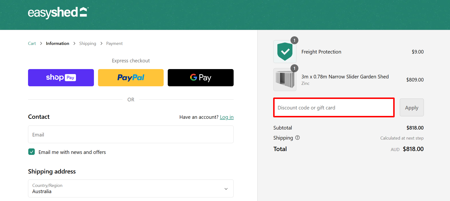 The highlighted red box at the brand checkout page is showing where to add the Easy Shed discount code.