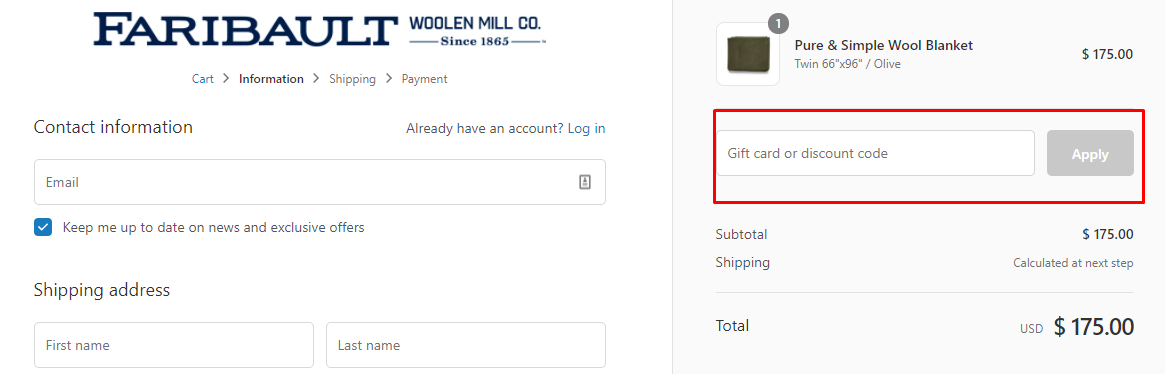 How do I use my Faribault Woolen Mill Co. discount code?