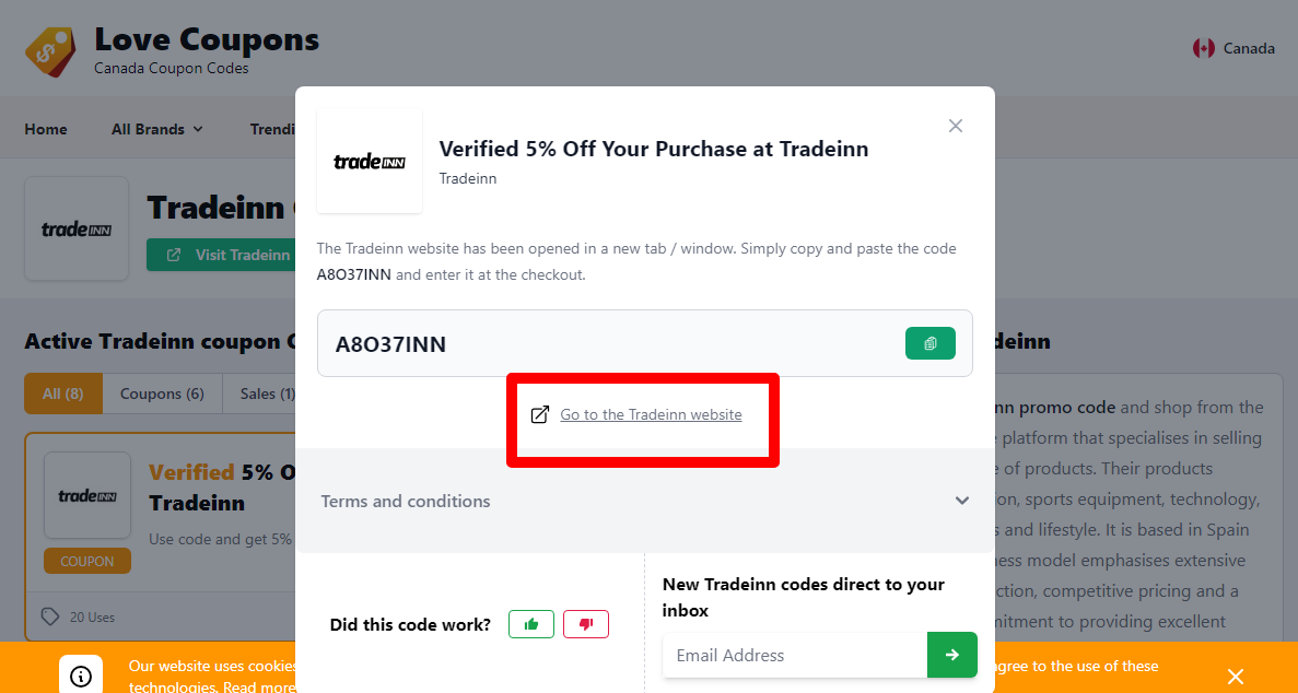 Box displayed on a darkened background of a Tradeinn promo code with the terms and conditions showing