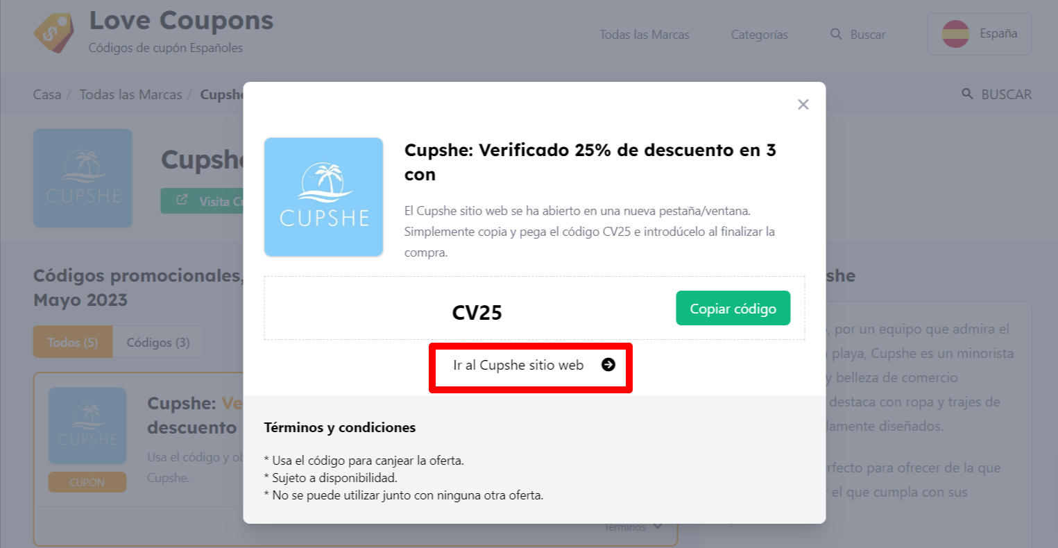 Cuadro que se muestra sobre un fondo oscurecido de un código descuento de Cupshe con los términos y condiciones que se muestran