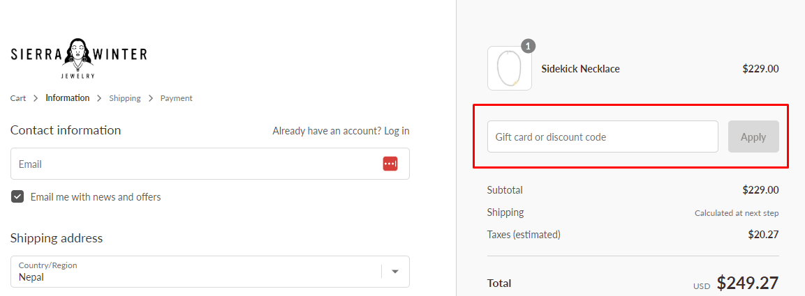 How do I use my Sierra Winter Jewelry discount code?