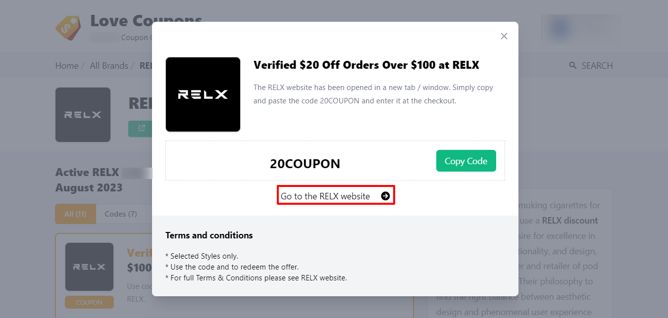 LoveCoupons sites available RELX promo codes with a red box showing how to get to the brands website