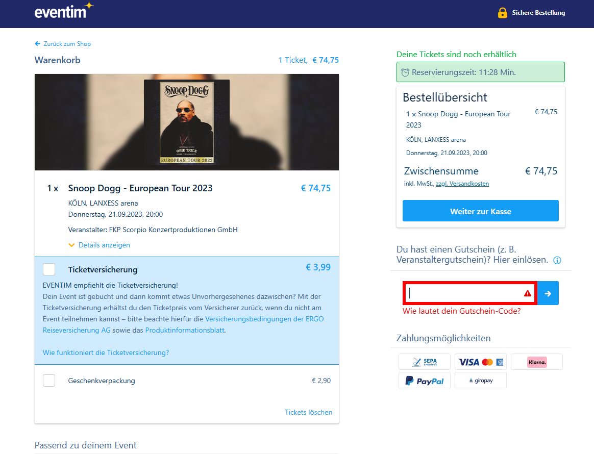 Der Warenkorb von Eventim mit rotmarkierter Stelle für den Eventim Gutscheincode