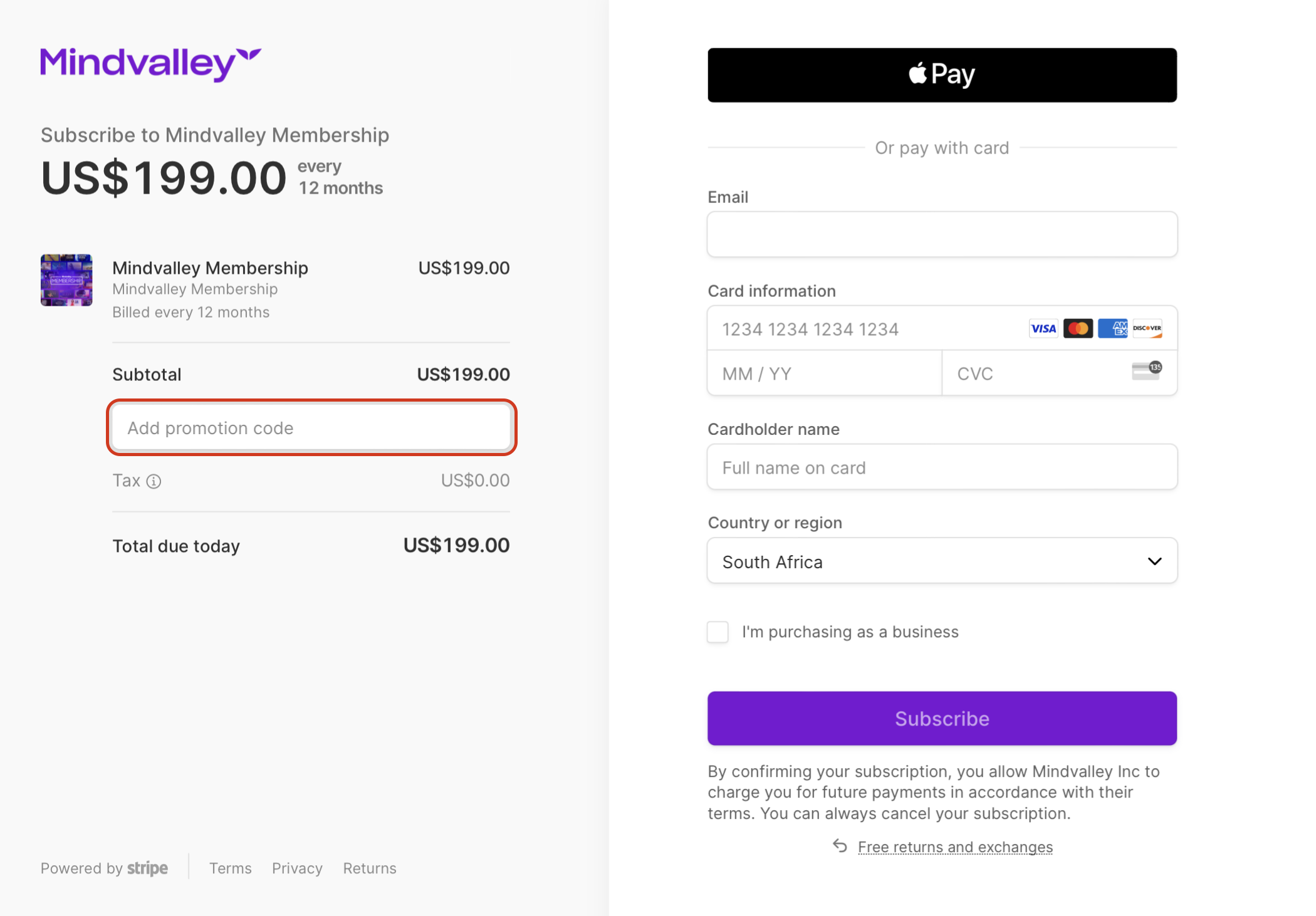 The highlighted red box at the brand checkout page is showing where to add the Mindvalley coupon code.