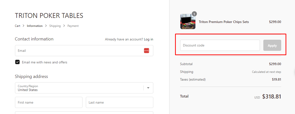 How do I use my Triton Poker Tables discount code?
