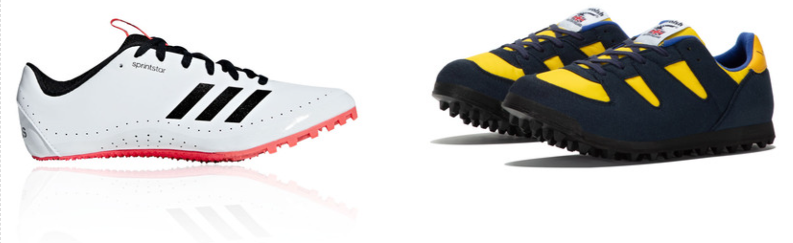 Zwei Paare von Laufschuhen, die sich stark im Design und ihrer Farbrichtung unterscheiden