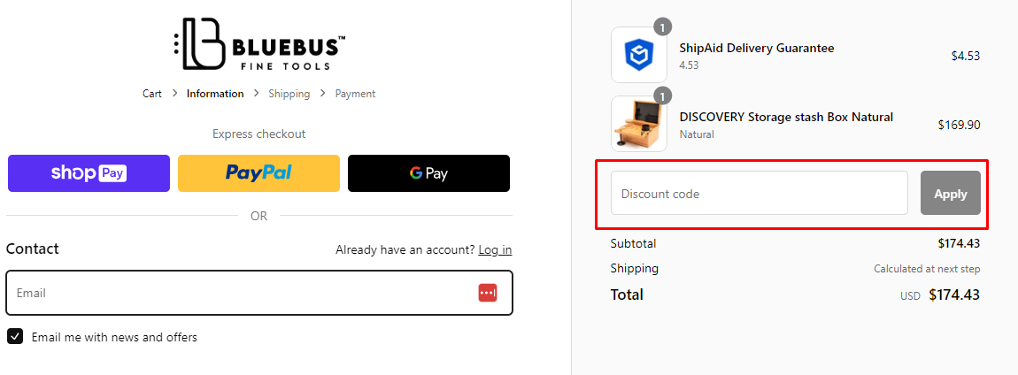How do I use my Blue Bus Fine Tools discount code?