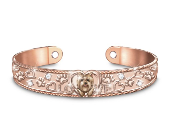 A picture of Bradford Exchange’s 'Paws-itive Wellness' Yorkie Copper Cuff Bracelet with a white background