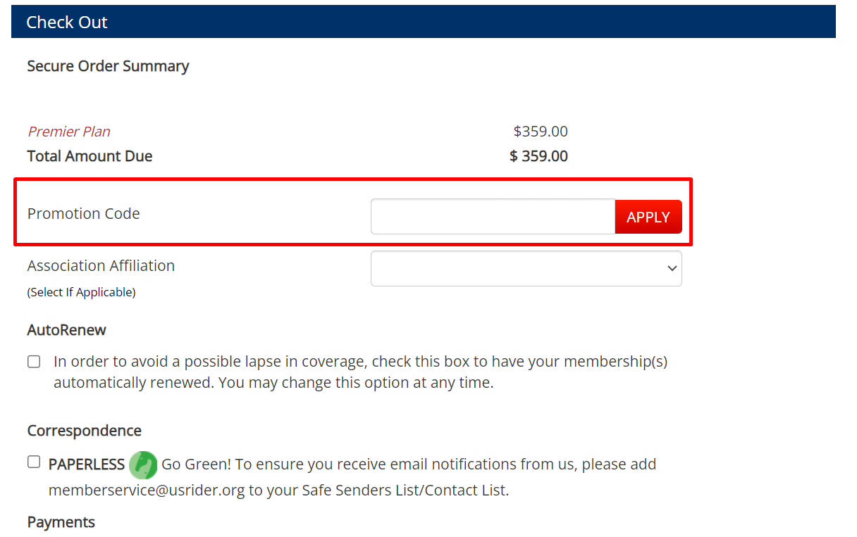 How do I use my USRider promotion code?