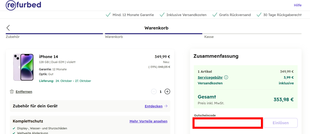 Check-out von refurbed mit einem rotmarkierten Eingabefeld für Gutscheincodes