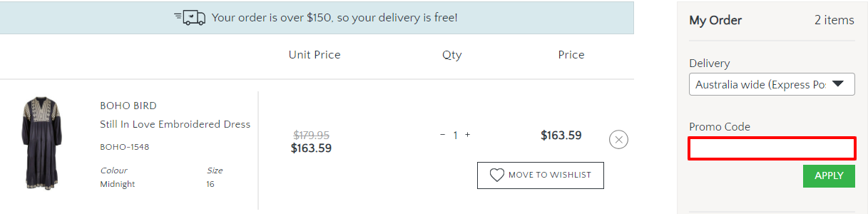 The brand checkout page with where to add the Birdsnest promo code highlighted with a red box