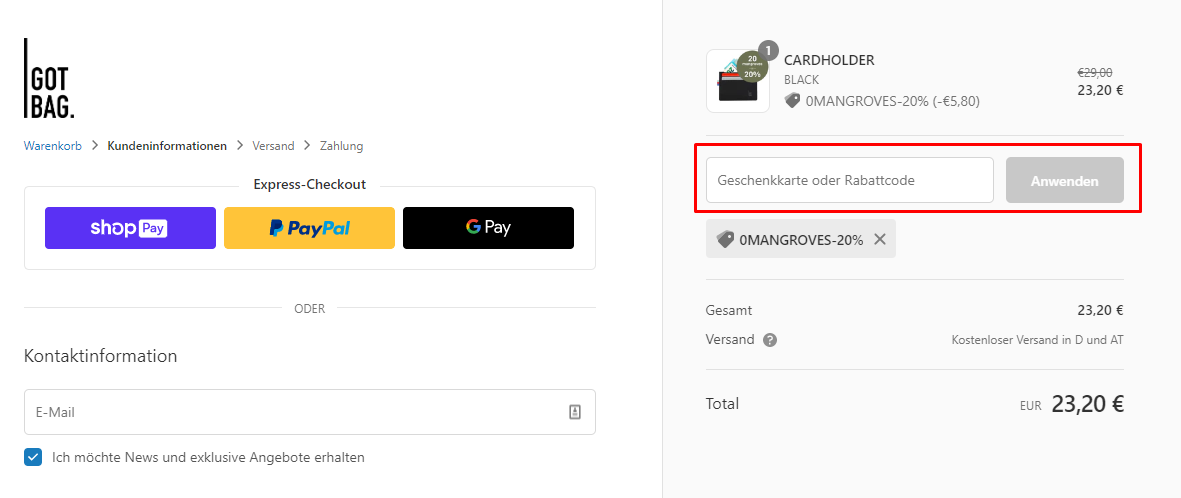 How do I use my GOT BAG discount code?