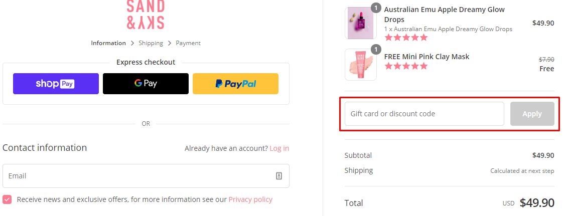How do I use my Sand & Sky discount code?