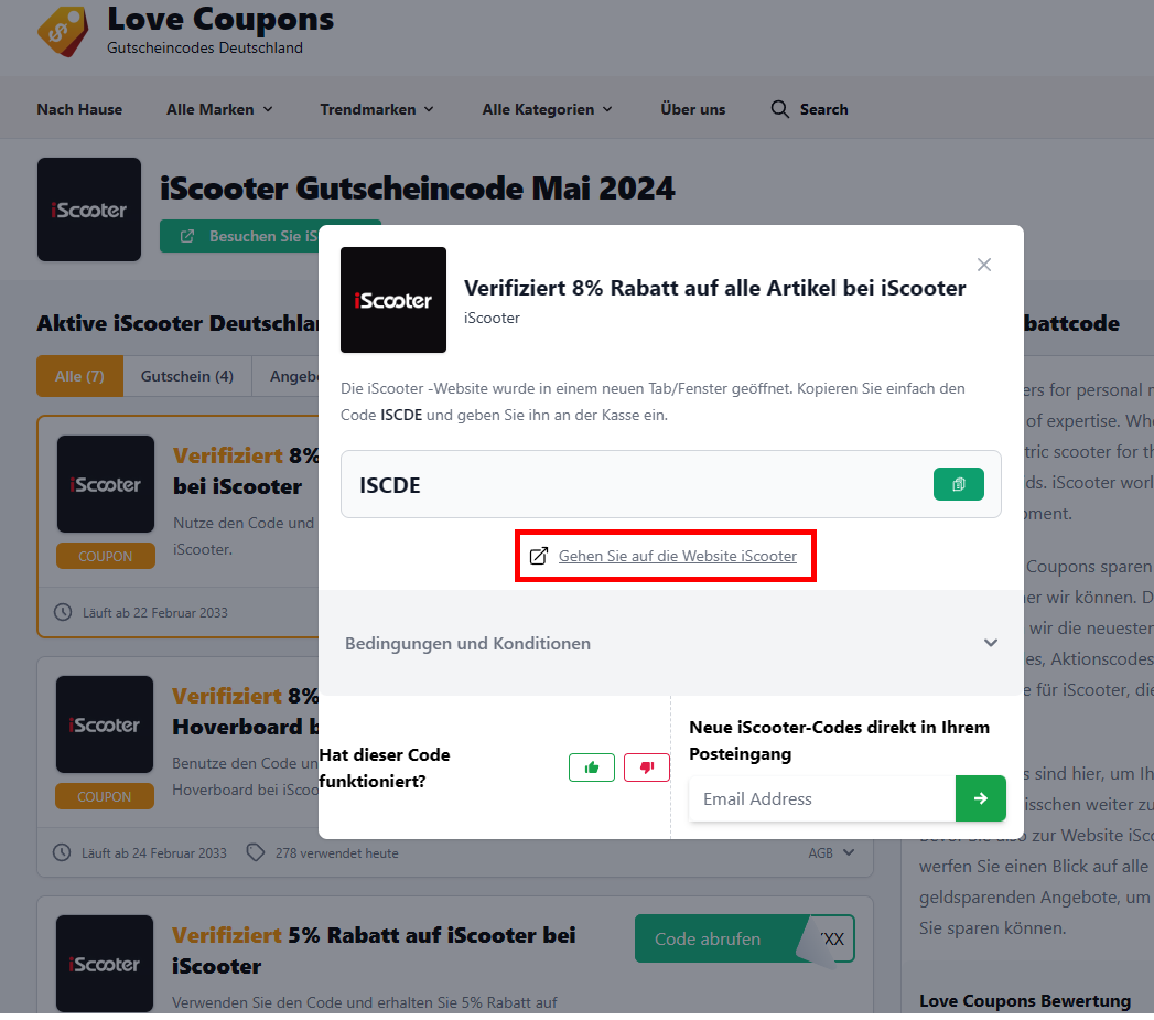 Die Love Coupons Seite mit einem offenen Rabattcode und rotmarkiertem Link für iScooter