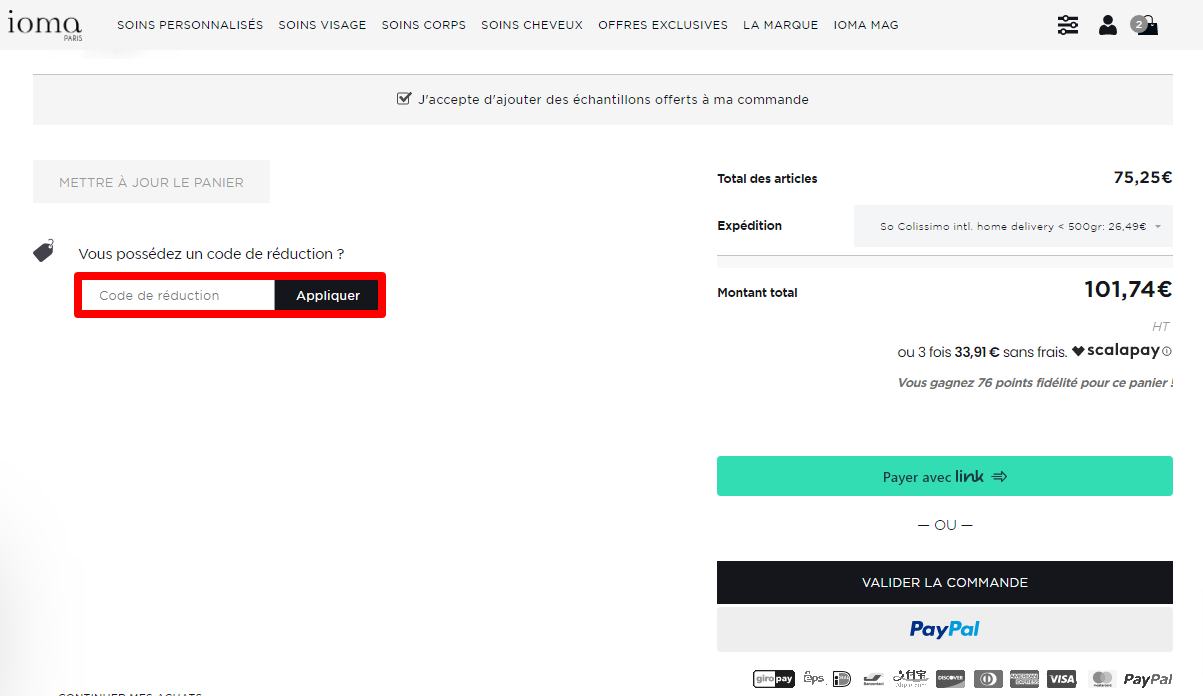 La page de paiement de la marque avec l'endroit où ajouter le coupon Ioma Paris mis en évidence avec une boîte rouge.