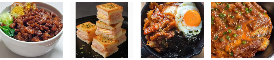 A collage showing Taiwanese pork rice bowl, cheese shrimp garlic toast, pork belly kimchi bowl as well as been and egg rice bowl, all affordable with a Uber Eats coupon code