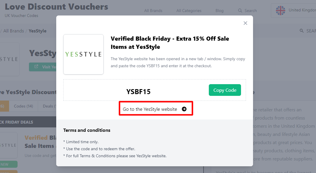 A box displayed on a white background of a YesStyle voucher code with the message ‘Go to the YesStyle website’