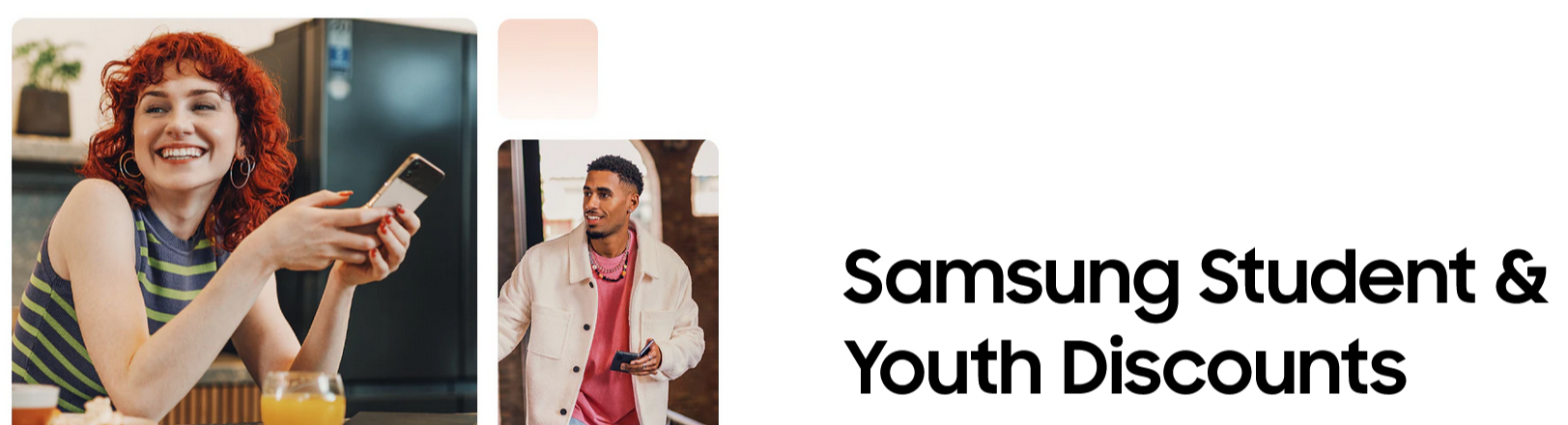 Two students with phones looking for a Samsung student or youth discounts.